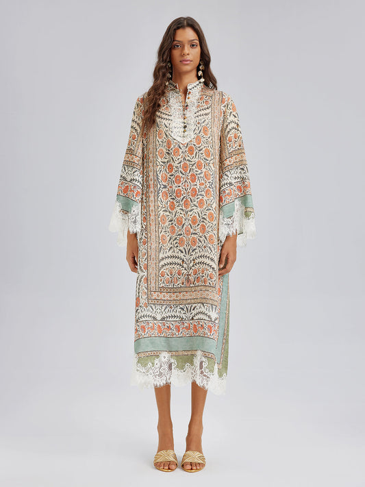 Vintage Botanik Desenli Dantel Elbise (Kemer Dahil)