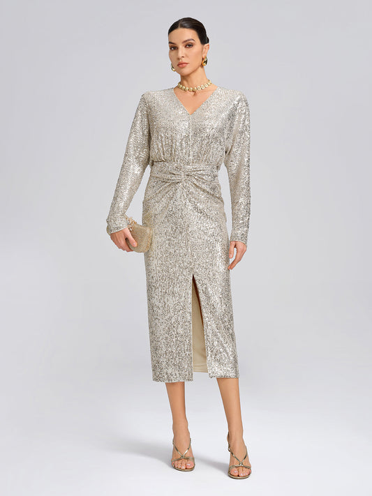 Zarif V Yaka Payetli Elbise