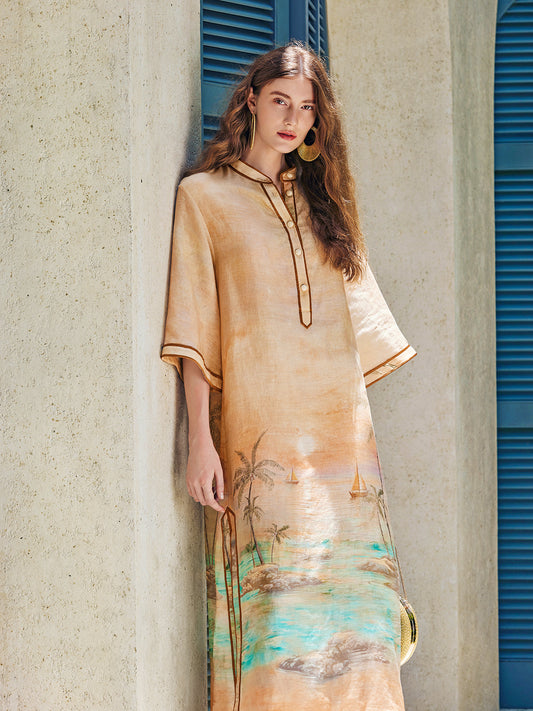 Keten Geniş Kollu Plaj Desenli Elbise