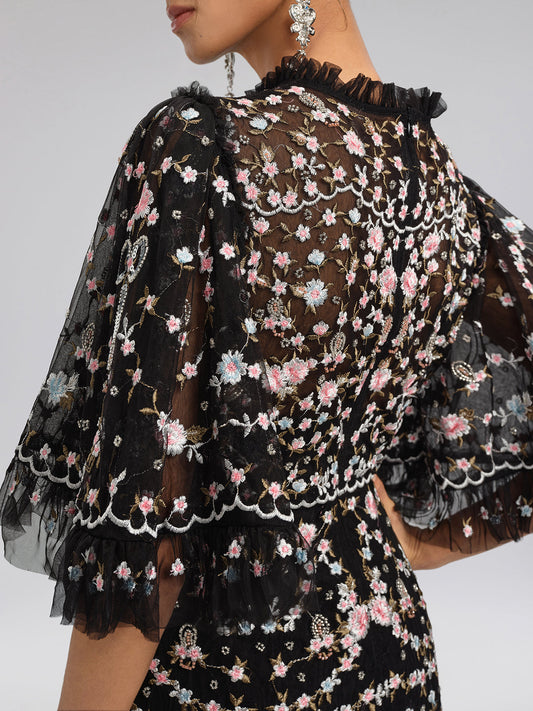 Nakışlı Çiçekli Fırfırlı Tül Elbise