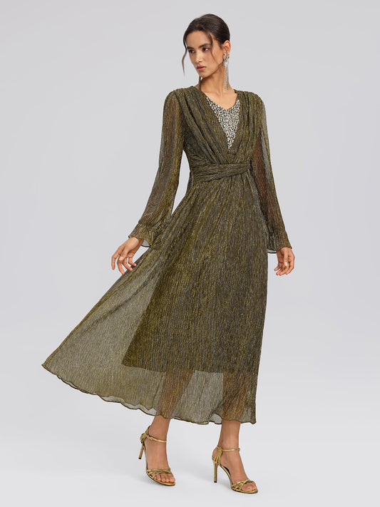 Pileli Lurex Kristal V Yaka Elbise
