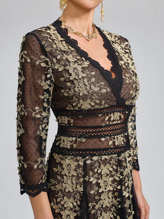 Yaldızlı Nakışlı Siyah Tül Elbise