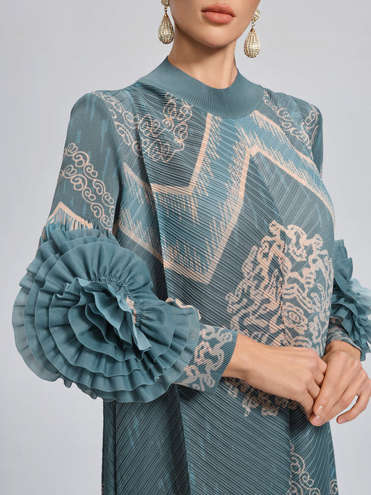 Yüksek Esnekliği Olan Pileli Baskılı Bol Elbise