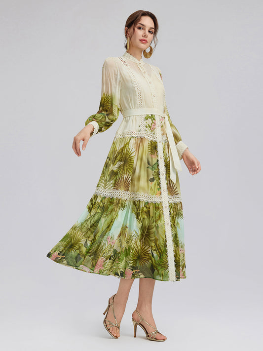 Tropikal Desenli İpek-Pamuk Dantel Süslü Elbise (İki Kemer Dahildir)