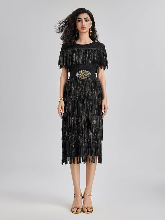 3D Pileli Yaldızlı Püskül Elbise