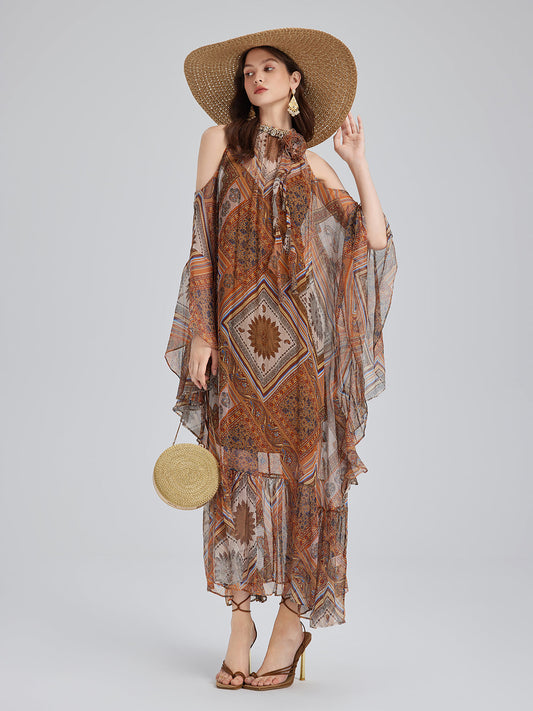 Boncuklu İpek Bohem Baskı Elbise