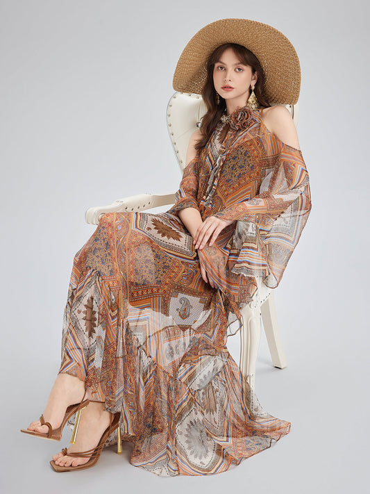 Boncuklu İpek Bohem Baskı Elbise