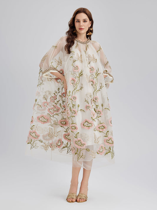 3D Çiçek Payetli Pileli Elbise