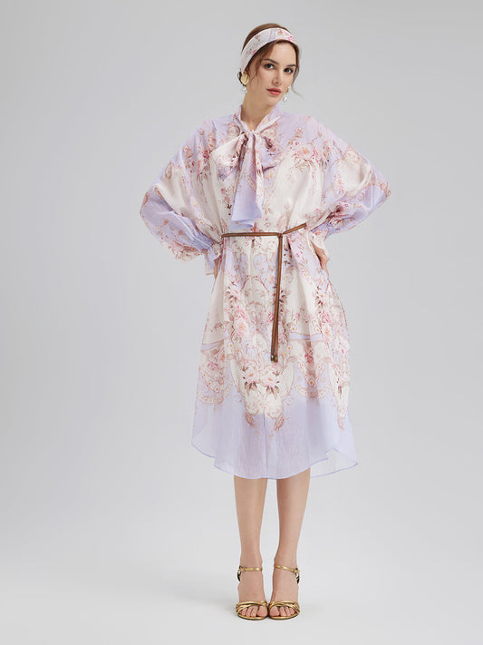 Tencel-Keten Baskılı Fiyonklu Elbise