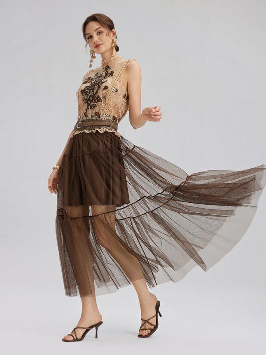 Dantel Tül Aplike Boncuklu Kolsuz Elbise