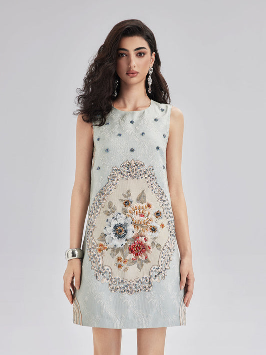 El Dikişi Boncuklu Çiçek Desenli Tank Elbise