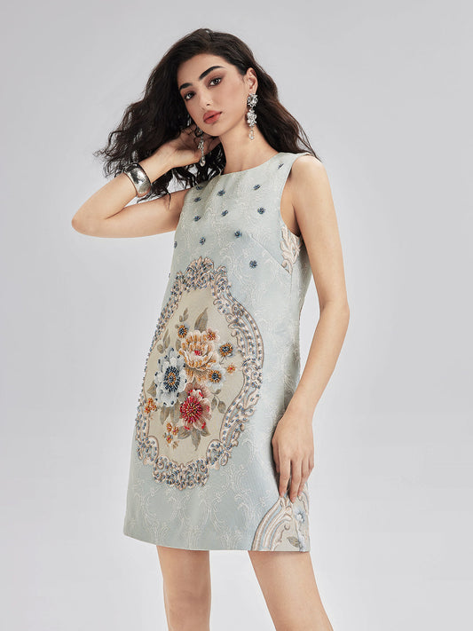 El Dikişi Boncuklu Çiçek Desenli Tank Elbise