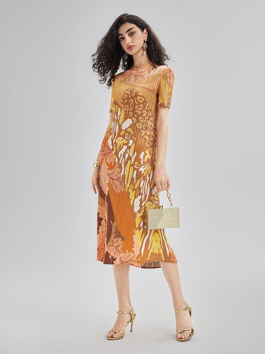 Sanatsal Çiçek Desenli Pileli Elbise