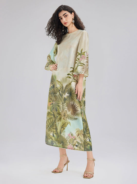 Tropikal Bitki Desenli Uzun Kollu Elbise