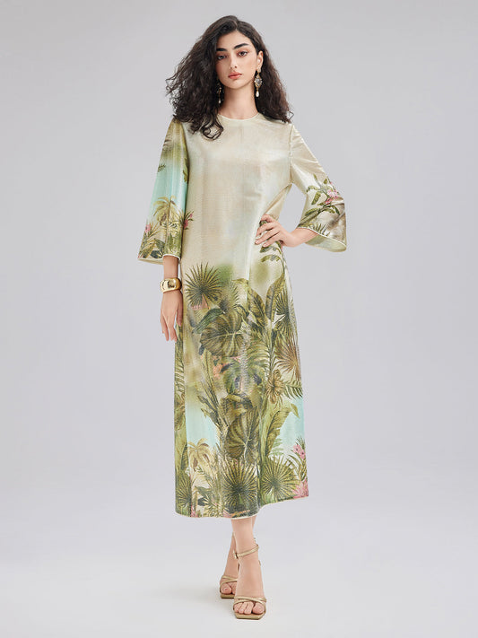 Tropikal Bitki Desenli Uzun Kollu Elbise